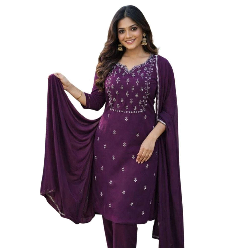 Georgette Ethnic Motif Round 3/4th Sleeve Kurti With Pant Dupatta Set (Magenta)