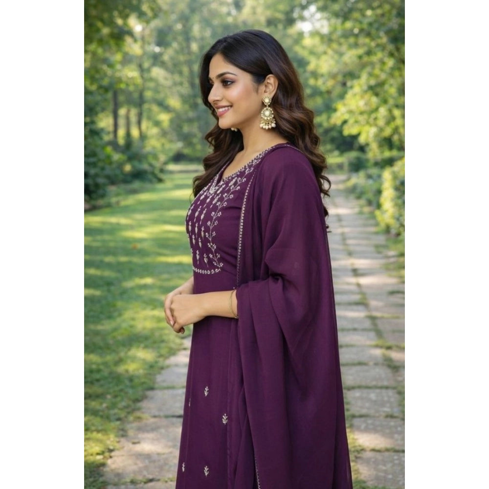 Georgette Ethnic Motif Round 3/4th Sleeve Kurti With Pant Dupatta Set (Magenta)