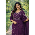 Georgette Ethnic Motif Round 3/4th Sleeve Kurti With Pant Dupatta Set (Magenta)