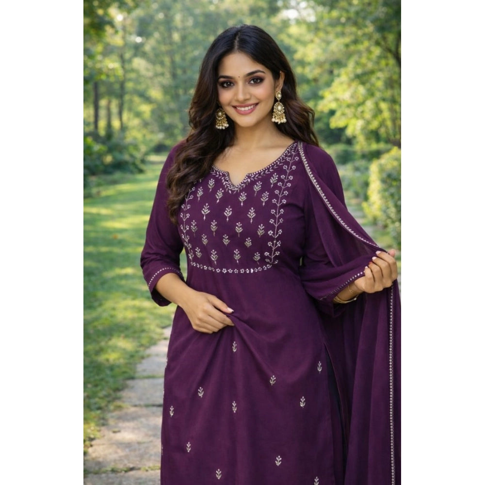 Georgette Ethnic Motif Round 3/4th Sleeve Kurti With Pant Dupatta Set (Magenta)
