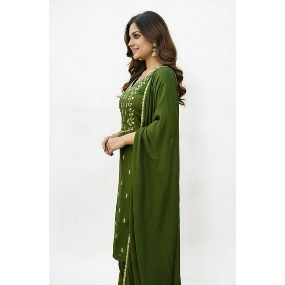 Georgette Ethnic Motif Round 3/4th Sleeve Kurti With Pant Dupatta Set (Mahendi)