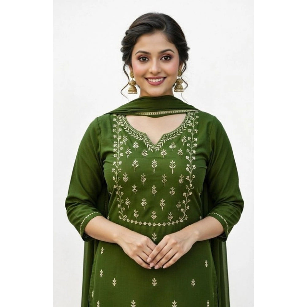 Georgette Ethnic Motif Round 3/4th Sleeve Kurti With Pant Dupatta Set (Mahendi)