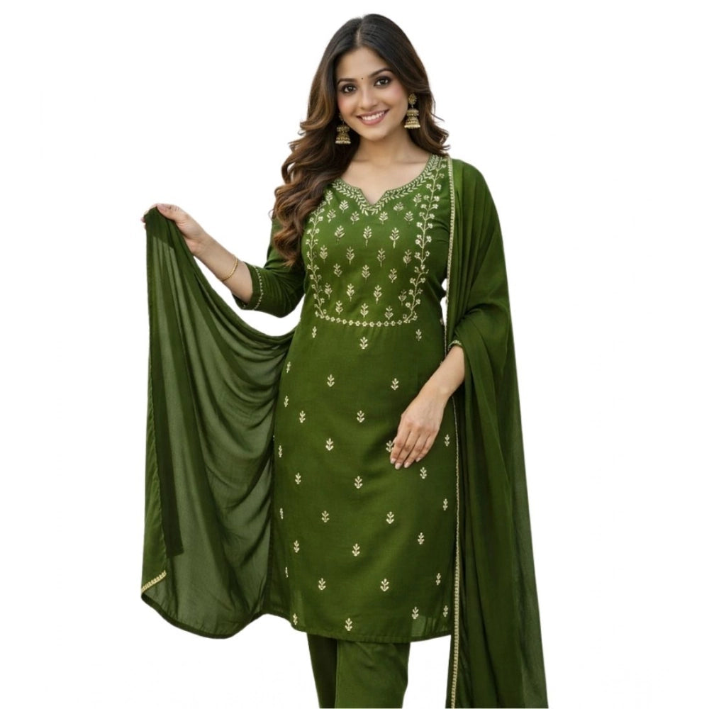 Georgette Ethnic Motif Round 3/4th Sleeve Kurti With Pant Dupatta Set (Mahendi)