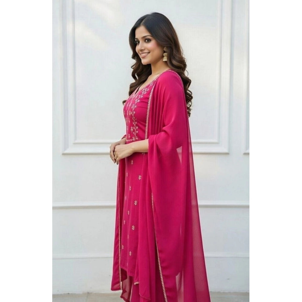 Georgette Ethnic Motif Round 3/4th Sleeve Kurti With Pant Dupatta Set (Pink)