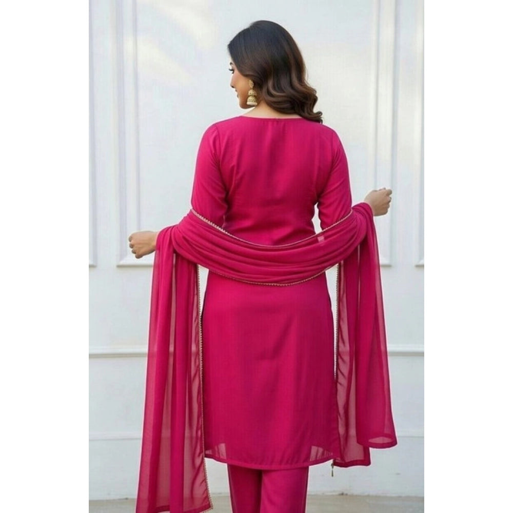 Georgette Ethnic Motif Round 3/4th Sleeve Kurti With Pant Dupatta Set (Pink)