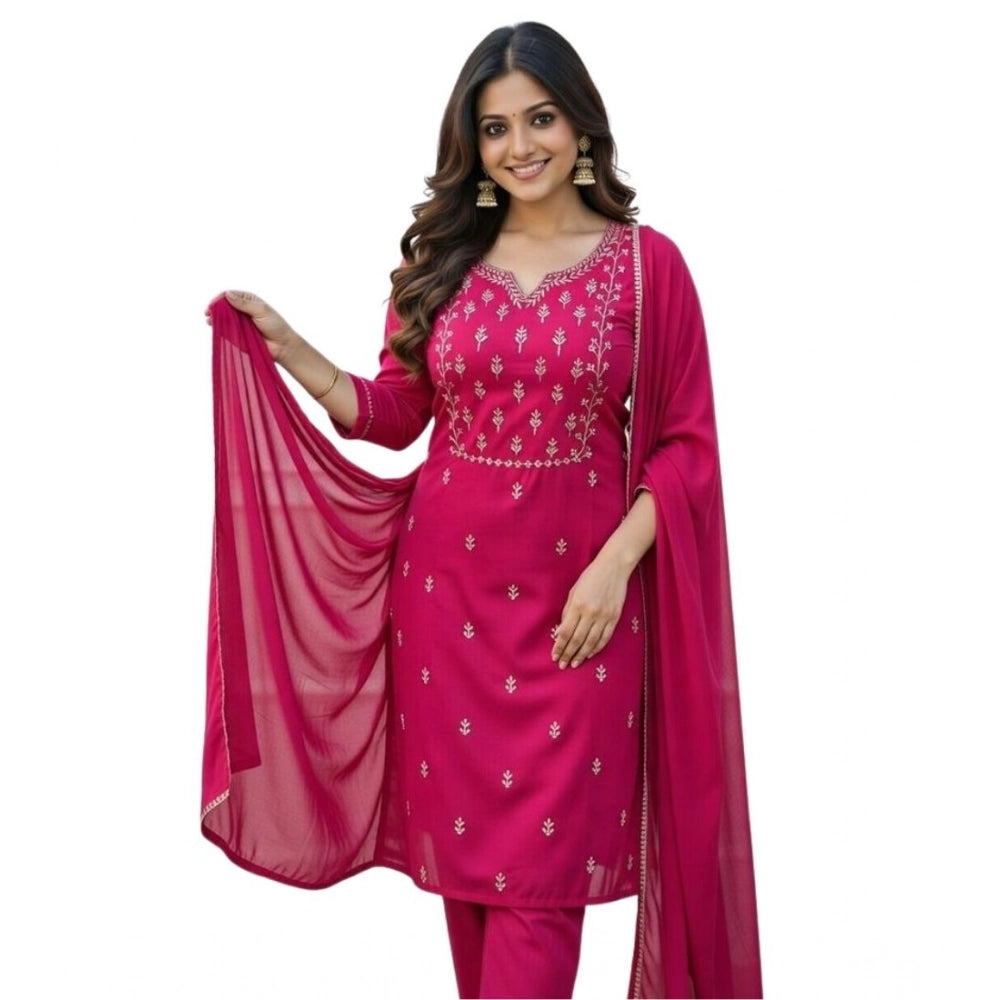 Georgette Ethnic Motif Round 3/4th Sleeve Kurti With Pant Dupatta Set (Pink)