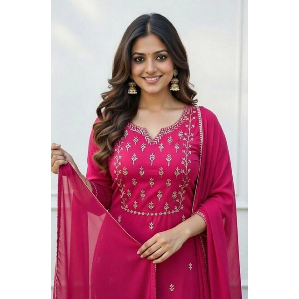 Georgette Ethnic Motif Round 3/4th Sleeve Kurti With Pant Dupatta Set (Pink)