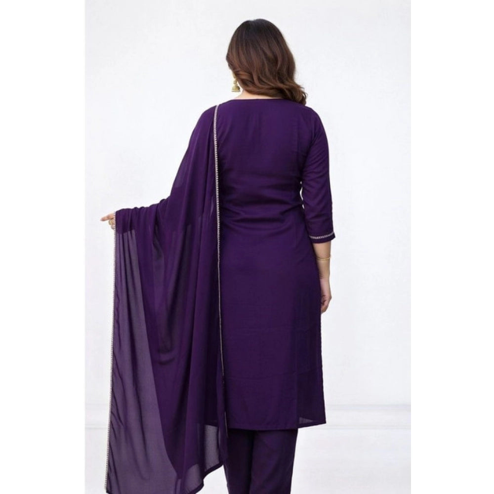 Georgette Ethnic Motif Round 3/4th Sleeve Kurti With Pant Dupatta Set (Purple)