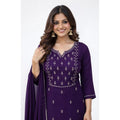 Georgette Ethnic Motif Round 3/4th Sleeve Kurti With Pant Dupatta Set (Purple)