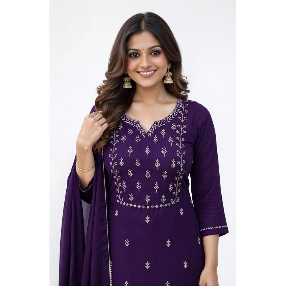 Georgette Ethnic Motif Round 3/4th Sleeve Kurti With Pant Dupatta Set (Purple)
