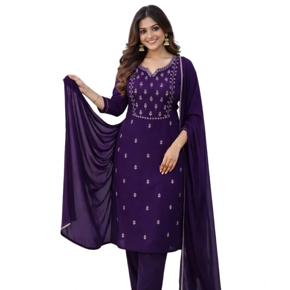 Georgette Ethnic Motif Round 3/4th Sleeve Kurti With Pant Dupatta Set (Purple)