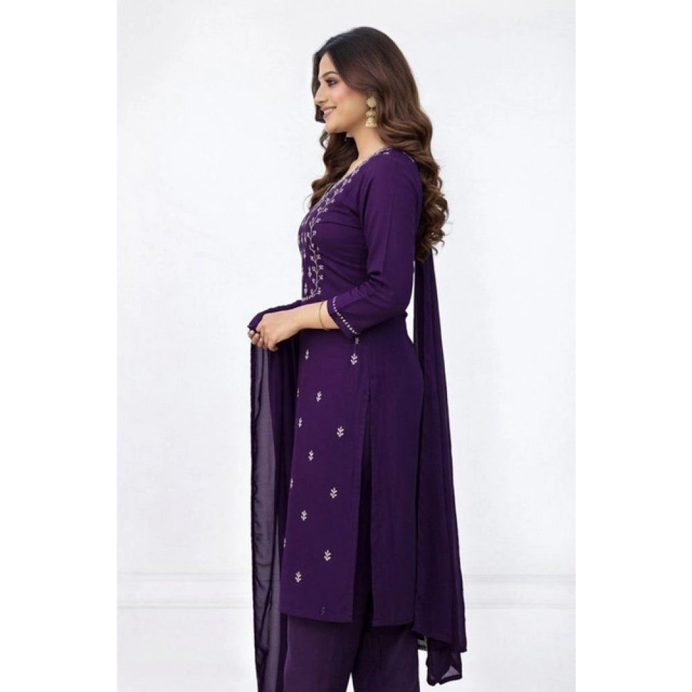 Georgette Ethnic Motif Round 3/4th Sleeve Kurti With Pant Dupatta Set (Purple)