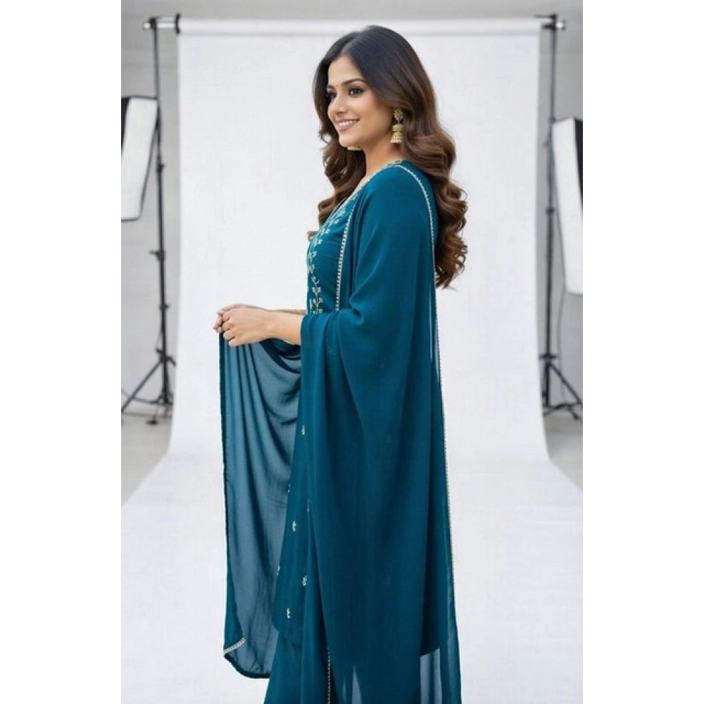 Georgette Ethnic Motif Round 3/4th Sleeve Kurti With Pant Dupatta Set (Teal)