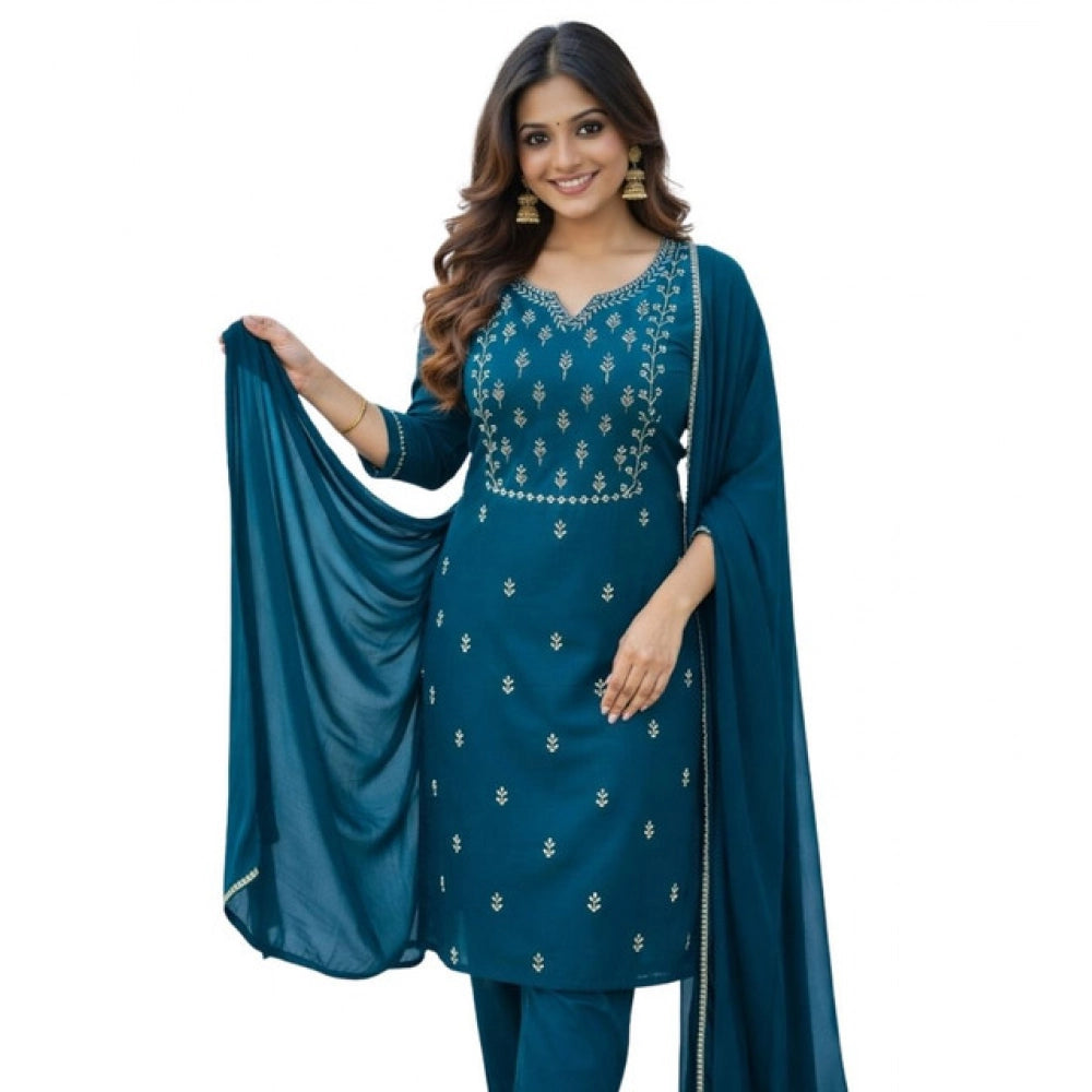 Georgette Ethnic Motif Round 3/4th Sleeve Kurti With Pant Dupatta Set (Teal)
