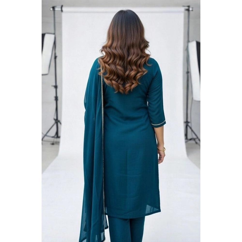 Georgette Ethnic Motif Round 3/4th Sleeve Kurti With Pant Dupatta Set (Teal)