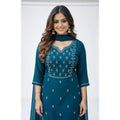 Georgette Ethnic Motif Round 3/4th Sleeve Kurti With Pant Dupatta Set (Teal)