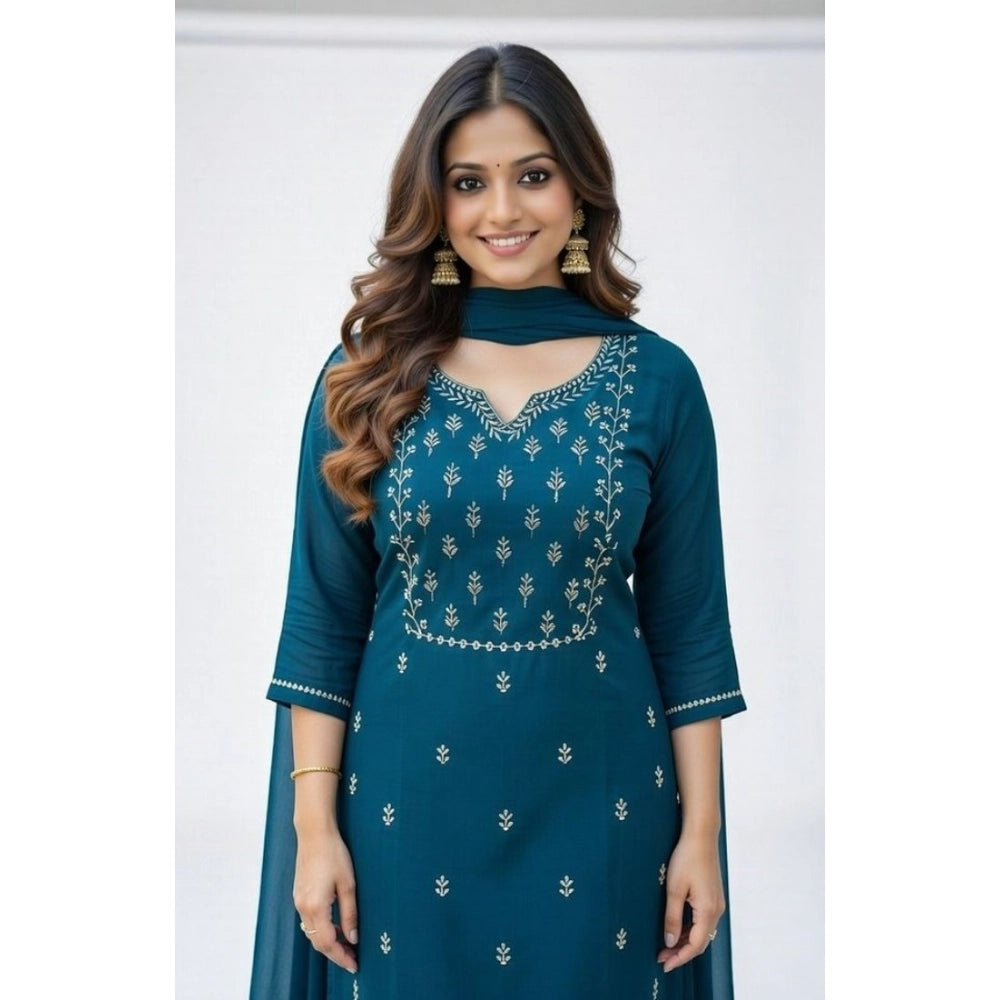 Georgette Ethnic Motif Round 3/4th Sleeve Kurti With Pant Dupatta Set (Teal)