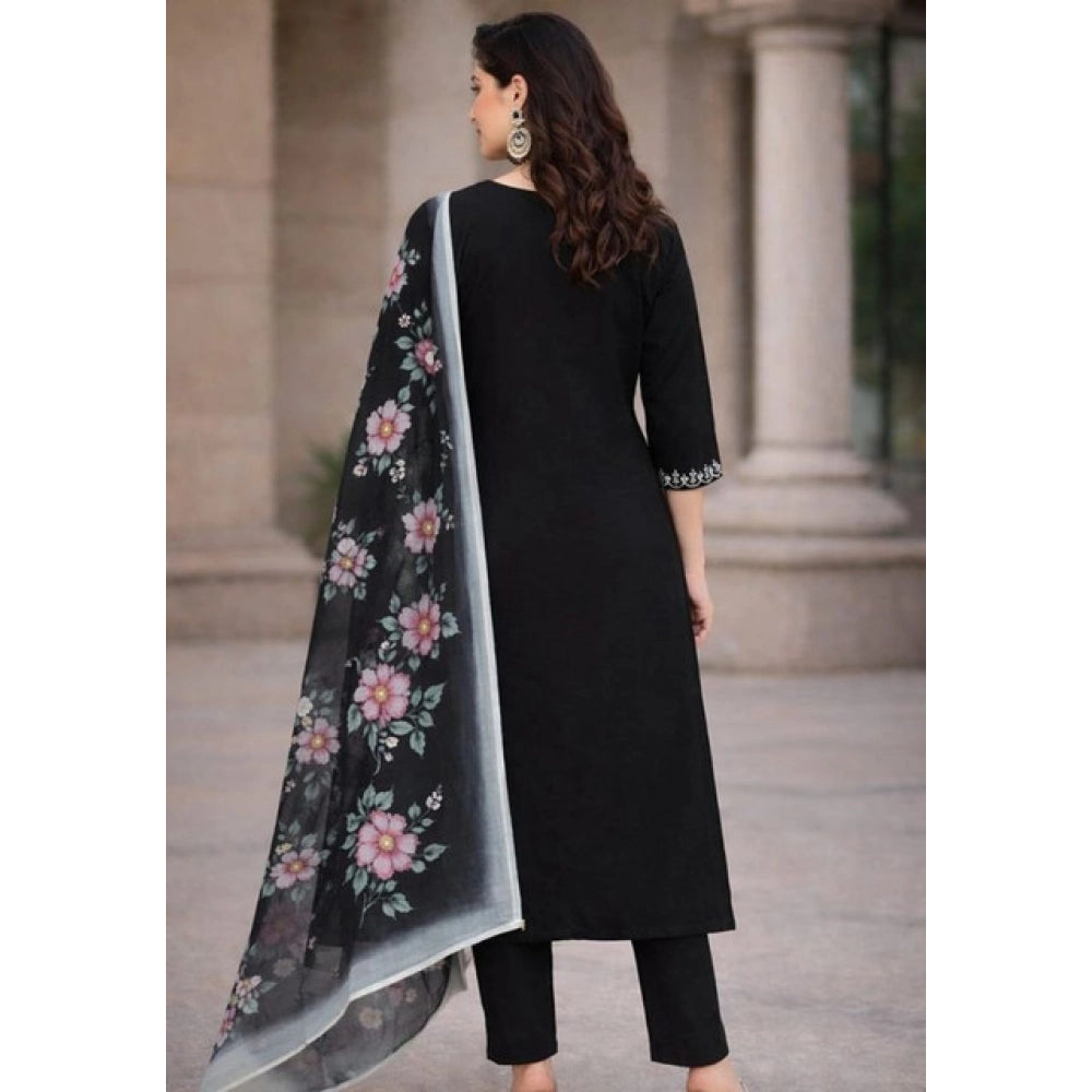 Chanderi Silk Ethnic Motif V-Neck 3/4th Sleeve Kurti With Pant Dupatta Set (Black)