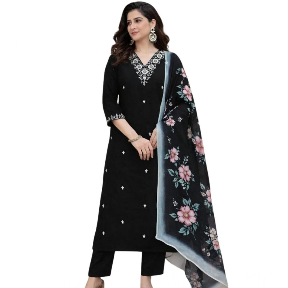 Chanderi Silk Ethnic Motif V-Neck 3/4th Sleeve Kurti With Pant Dupatta Set (Black)