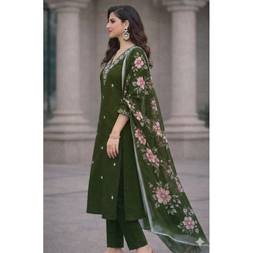 Chanderi Silk Ethnic Motif V-Neck 3/4th Sleeve Kurti With Pant Dupatta Set (Mahendi)