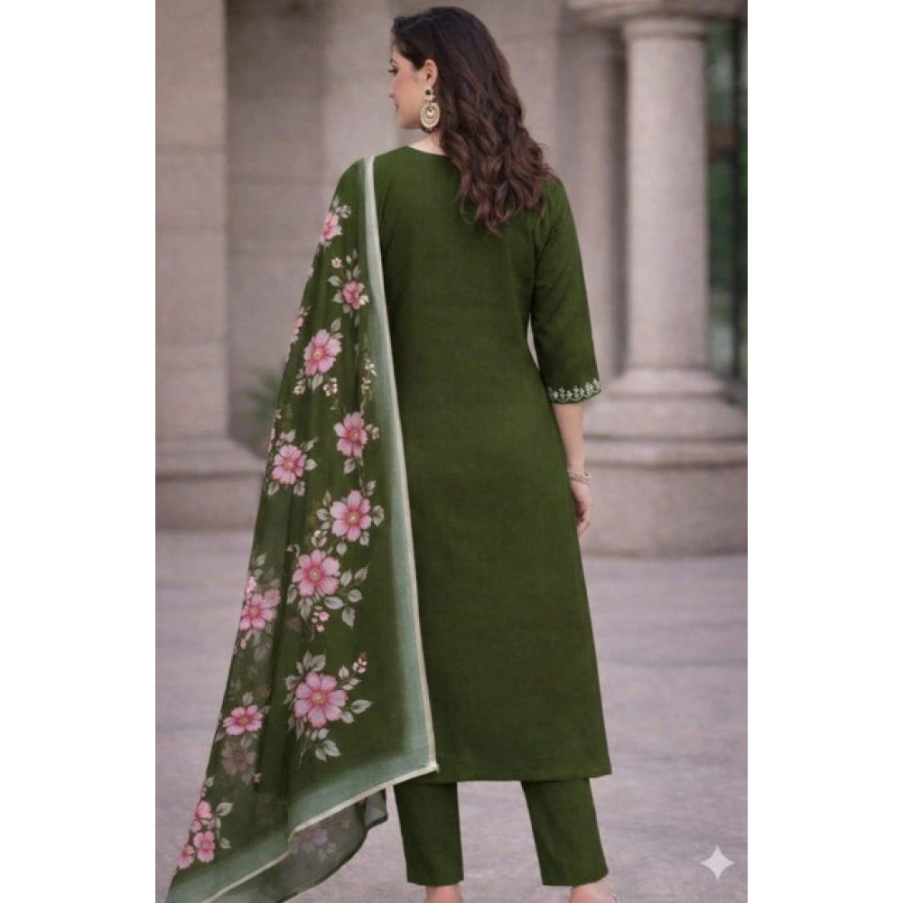 Chanderi Silk Ethnic Motif V-Neck 3/4th Sleeve Kurti With Pant Dupatta Set (Mahendi)