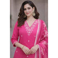 Chanderi Silk Ethnic Motif V-Neck 3/4th Sleeve Kurti With Pant Dupatta Set (Pink)