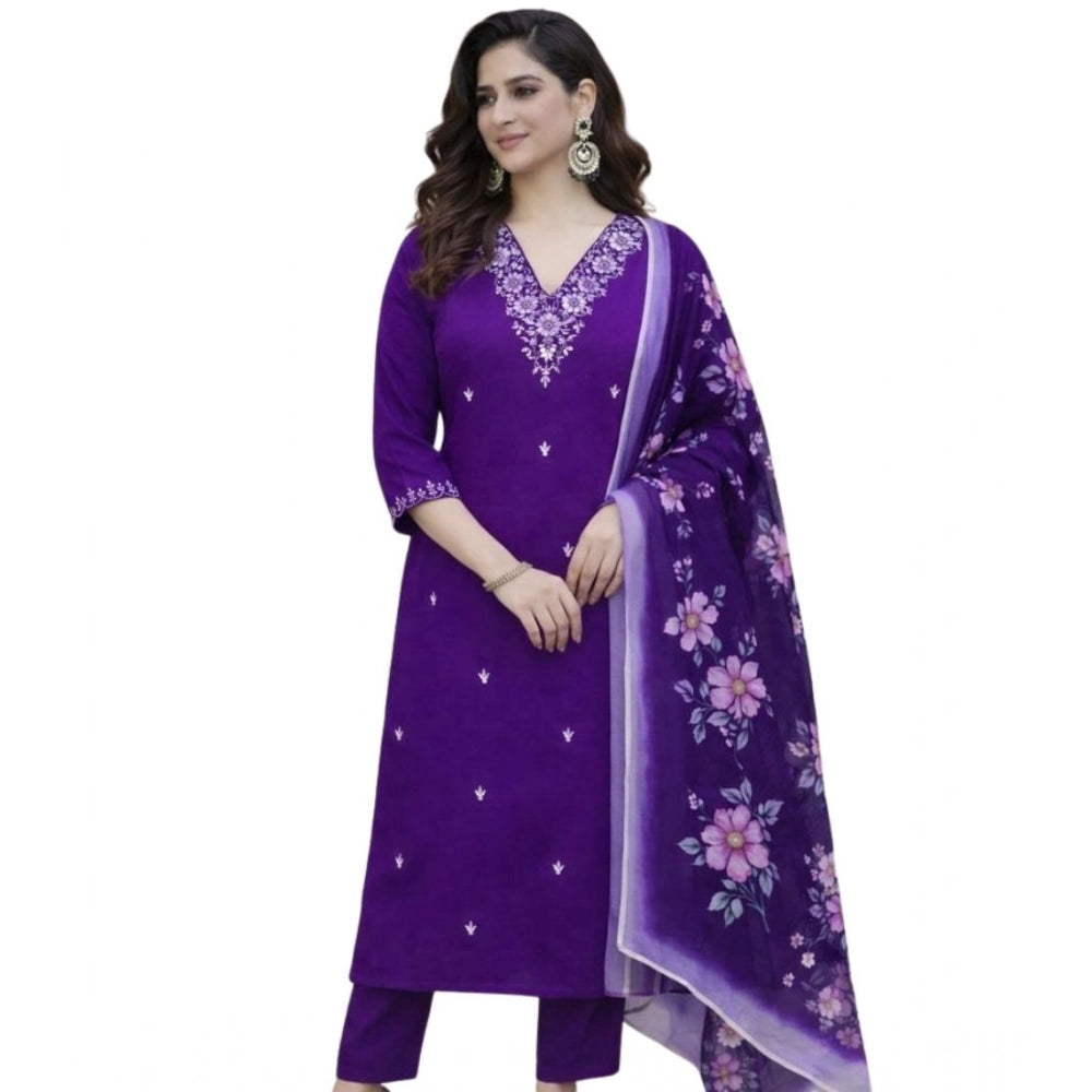 Chanderi Silk Ethnic Motif V-Neck 3/4th Sleeve Kurti With Pant Dupatta Set (Purple)