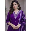 Chanderi Silk Ethnic Motif V-Neck 3/4th Sleeve Kurti With Pant Dupatta Set (Purple)