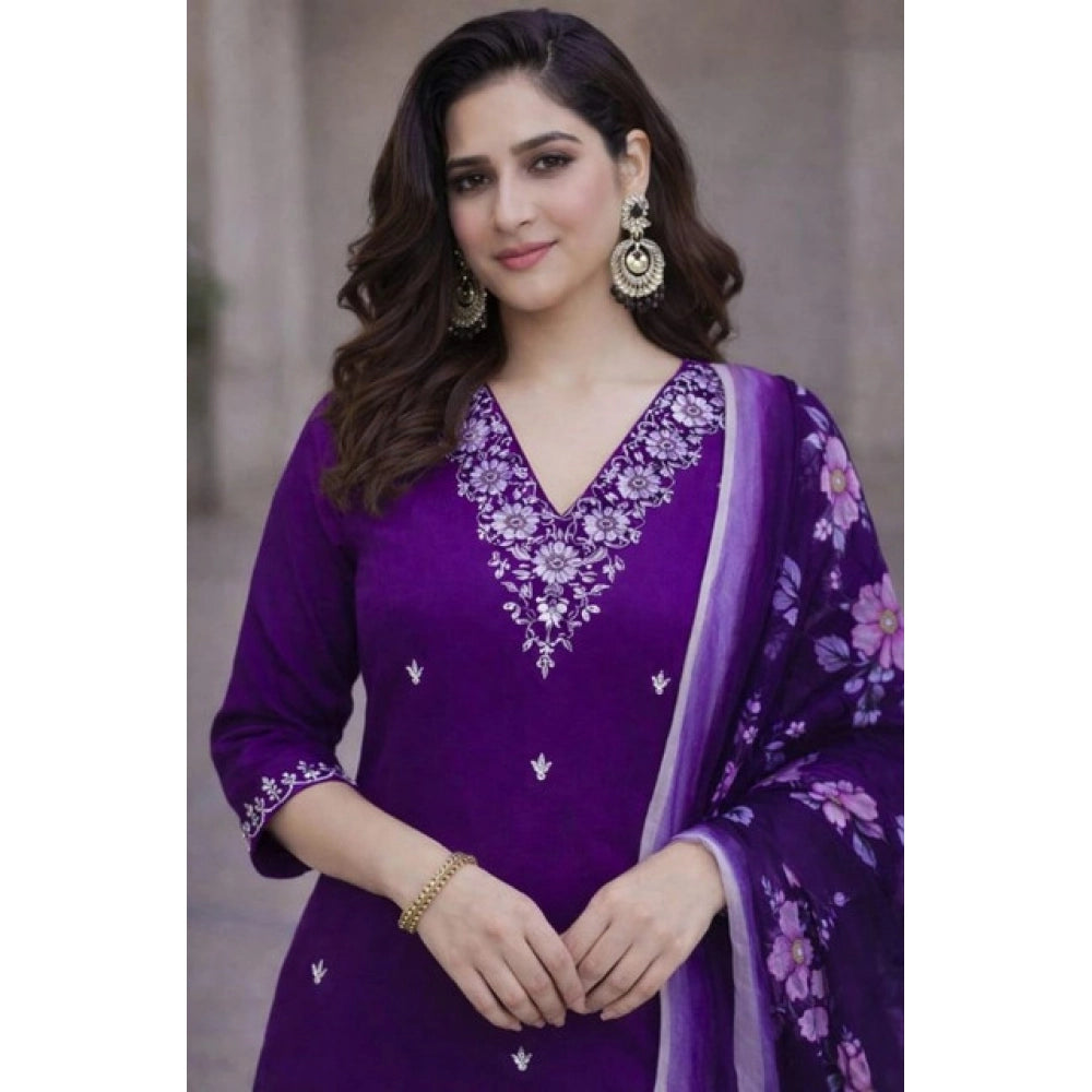 Chanderi Silk Ethnic Motif V-Neck 3/4th Sleeve Kurti With Pant Dupatta Set (Purple)