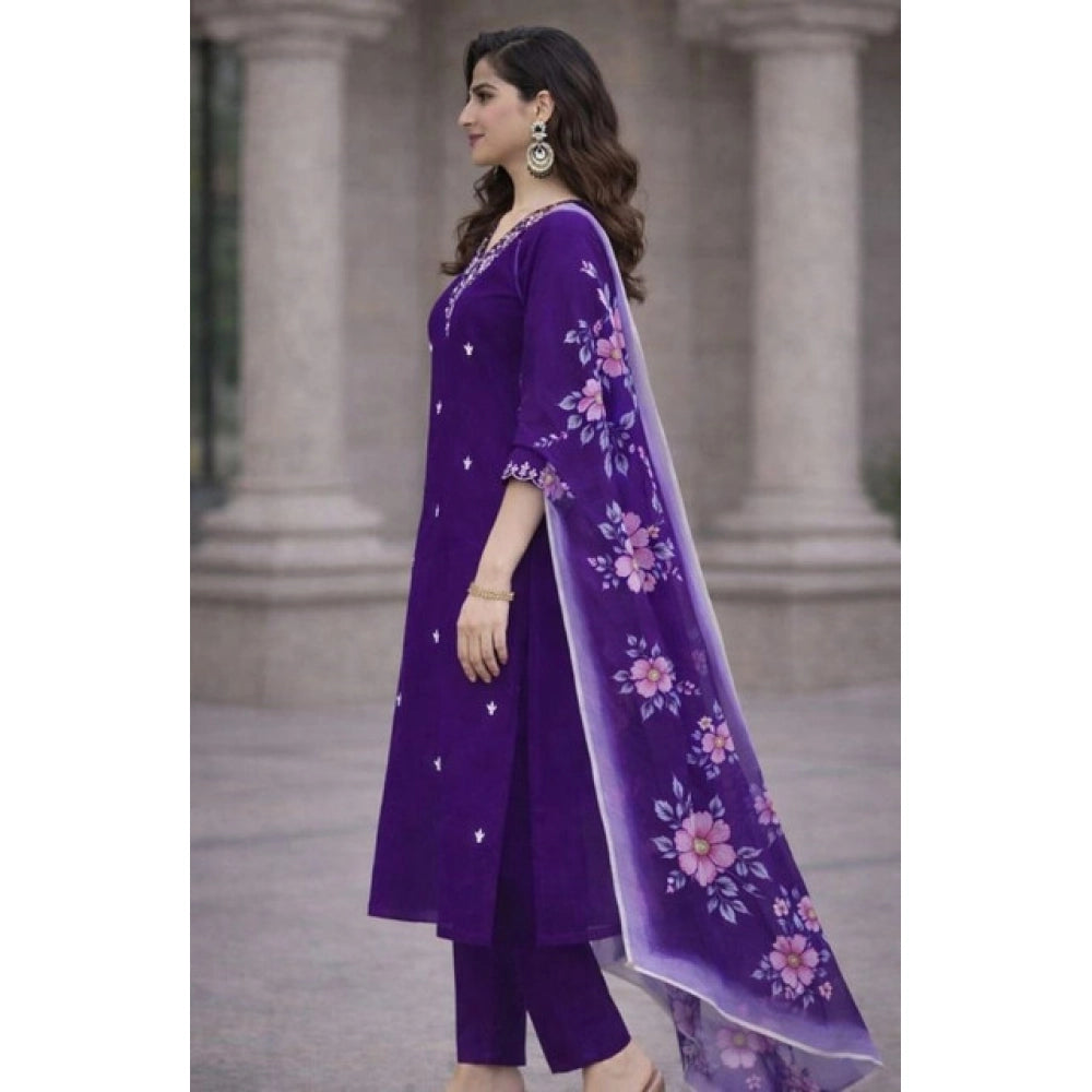 Chanderi Silk Ethnic Motif V-Neck 3/4th Sleeve Kurti With Pant Dupatta Set (Purple)