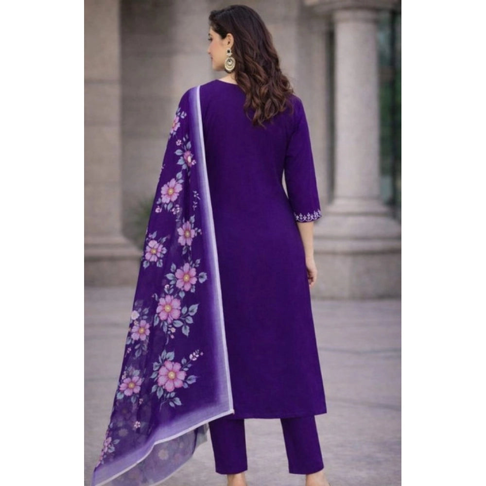Chanderi Silk Ethnic Motif V-Neck 3/4th Sleeve Kurti With Pant Dupatta Set (Purple)