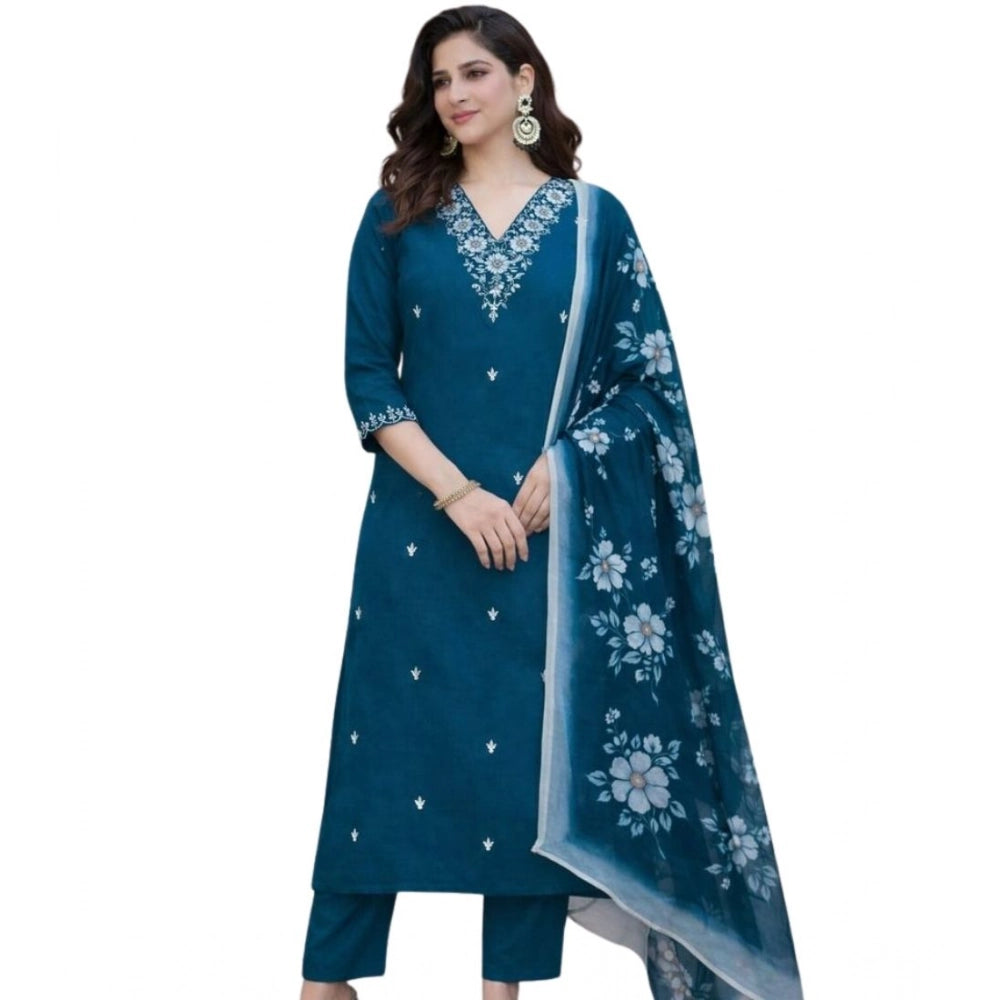 Chanderi Silk Ethnic Motif V-Neck 3/4th Sleeve Kurti With Pant Dupatta Set (Teal)