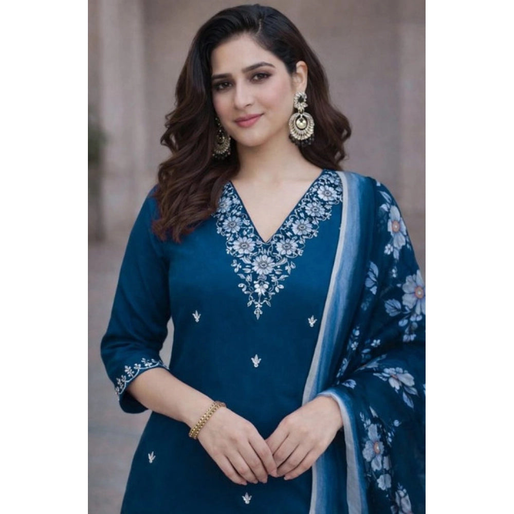 Chanderi Silk Ethnic Motif V-Neck 3/4th Sleeve Kurti With Pant Dupatta Set (Teal)