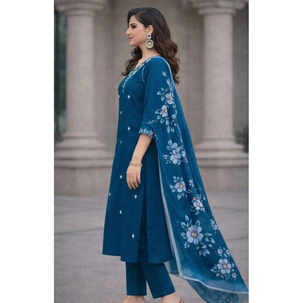 Chanderi Silk Ethnic Motif V-Neck 3/4th Sleeve Kurti With Pant Dupatta Set (Teal)