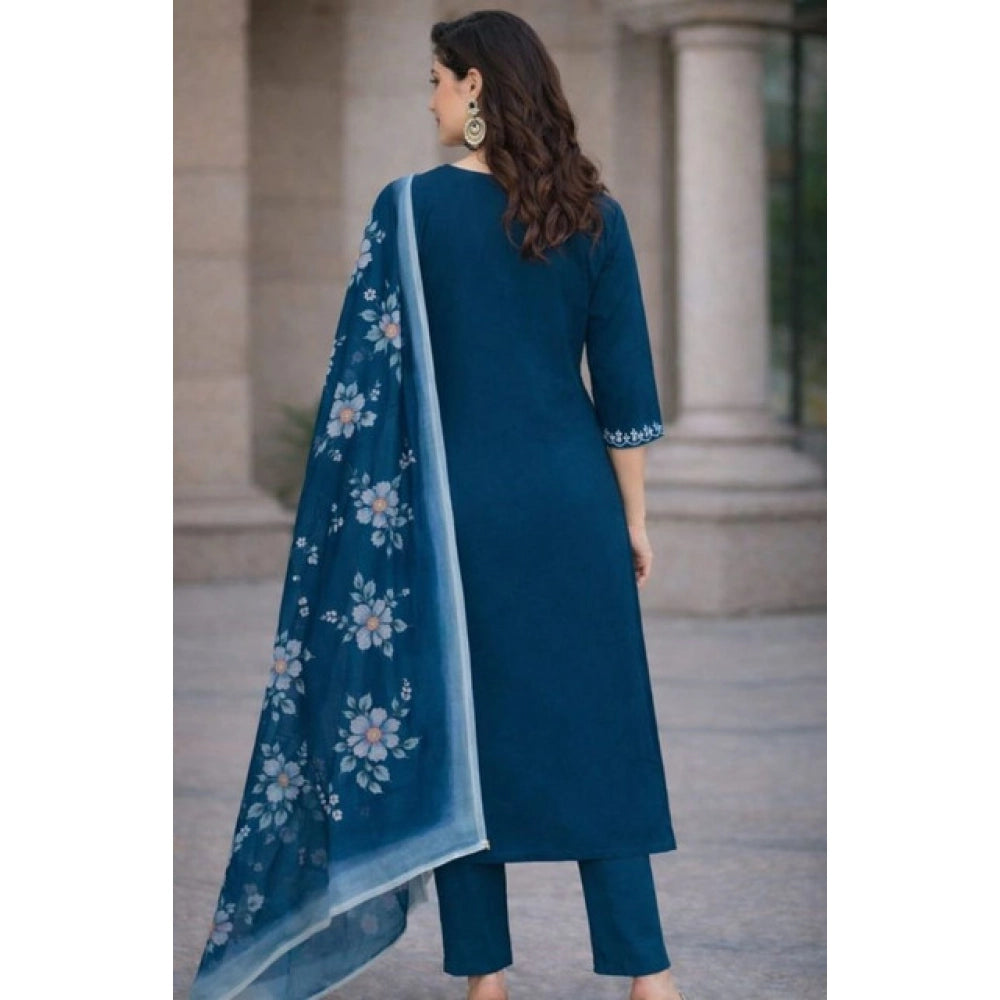 Chanderi Silk Ethnic Motif V-Neck 3/4th Sleeve Kurti With Pant Dupatta Set (Teal)