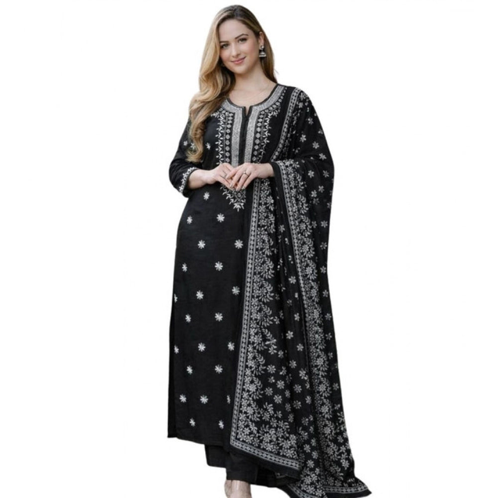 Chanderi Silk Ethnic Motif Round 3/4th Sleeve Kurti With Pant Dupatta Set (Black)
