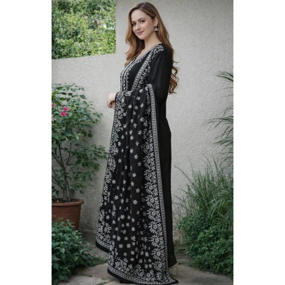Chanderi Silk Ethnic Motif Round 3/4th Sleeve Kurti With Pant Dupatta Set (Black)