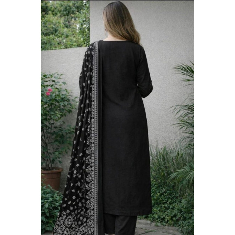 Chanderi Silk Ethnic Motif Round 3/4th Sleeve Kurti With Pant Dupatta Set (Black)