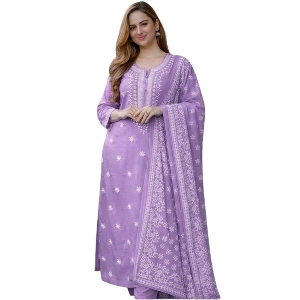 Chanderi Silk Ethnic Motif Round 3/4th Sleeve Kurti With Pant Dupatta Set (Lavender)