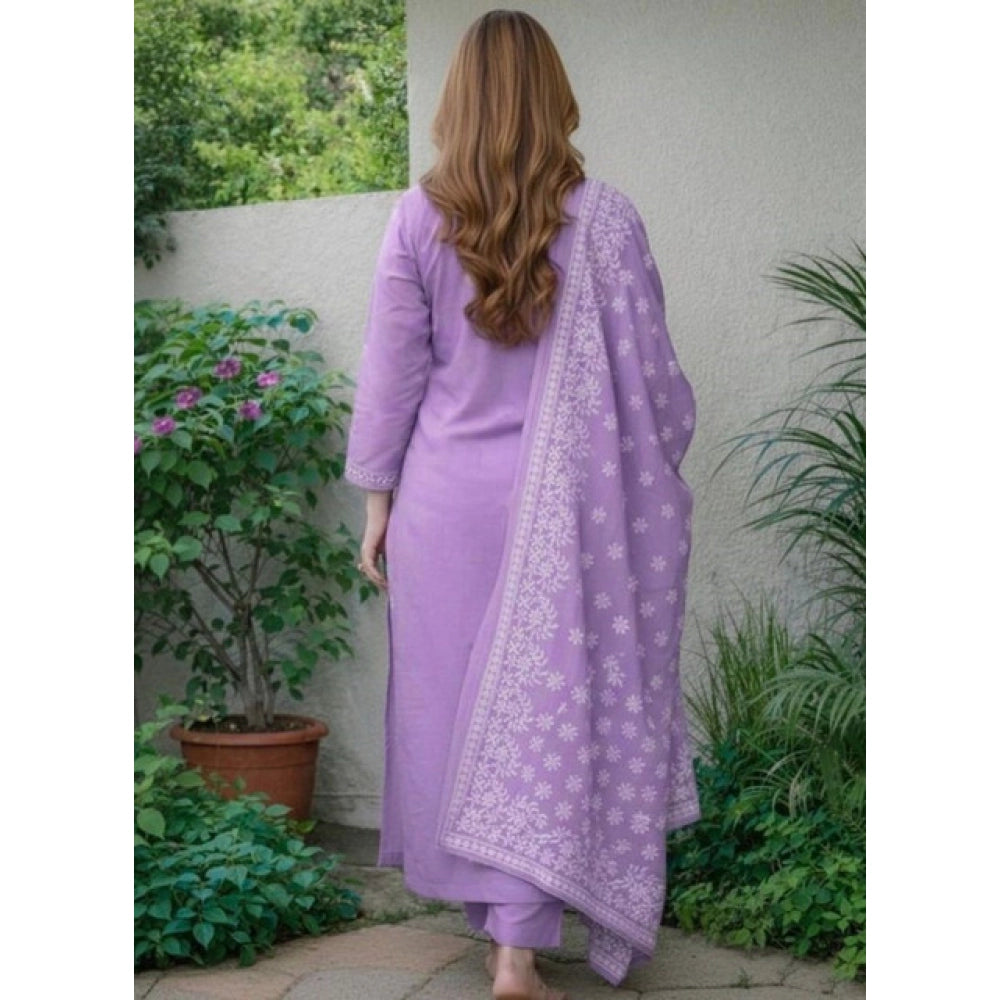 Chanderi Silk Ethnic Motif Round 3/4th Sleeve Kurti With Pant Dupatta Set (Lavender)