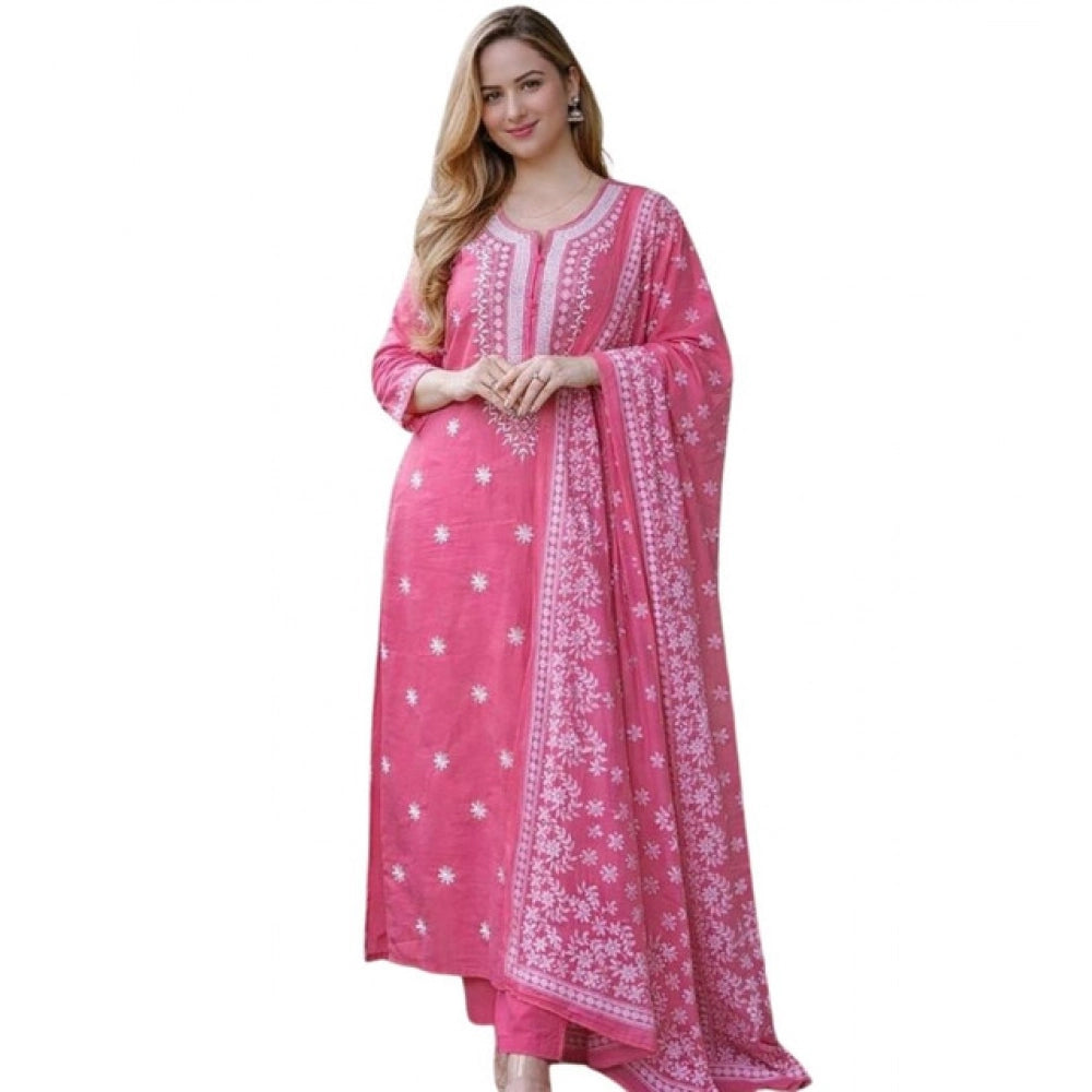 Chanderi Silk Ethnic Motif Round 3/4th Sleeve Kurti With Pant Dupatta Set (Pink)