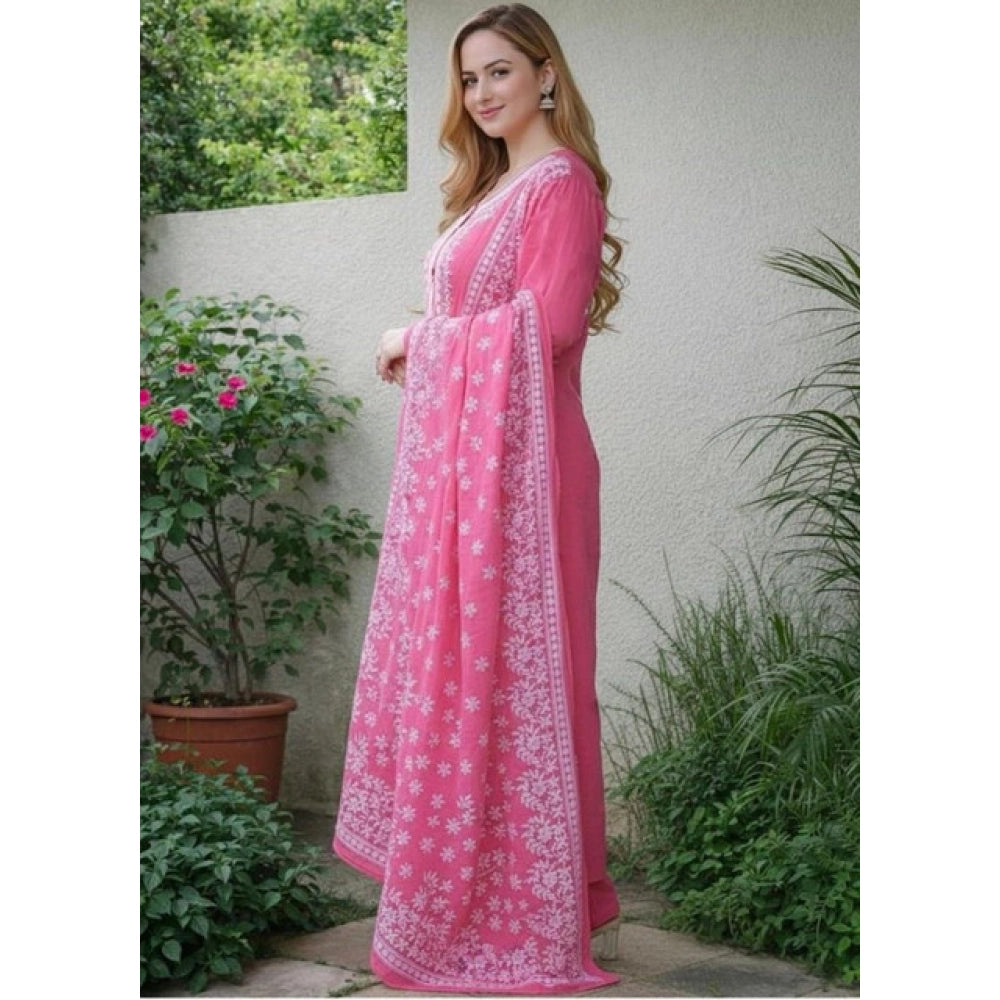 Chanderi Silk Ethnic Motif Round 3/4th Sleeve Kurti With Pant Dupatta Set (Pink)