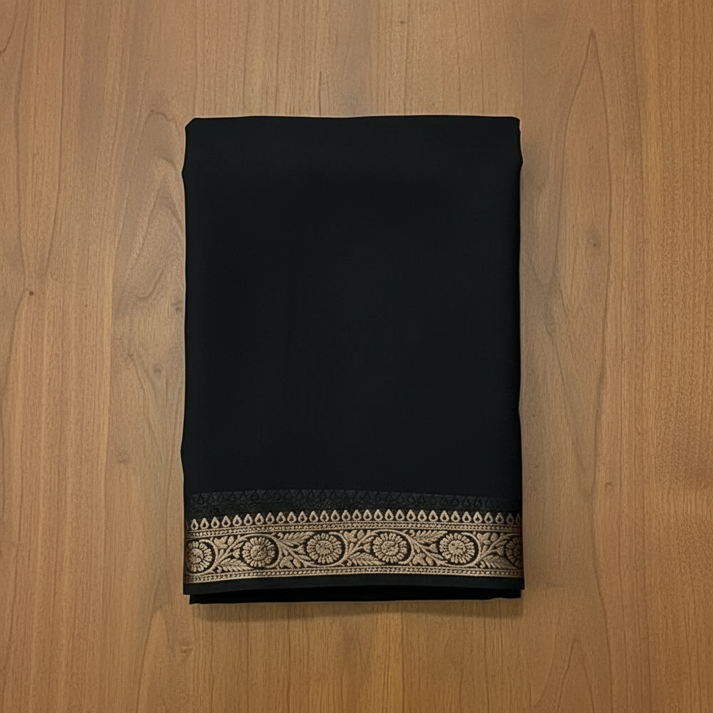 Generic Women's Crepe Chit Pallu Solid Saree With Unstitched Blouse 5.5Mtr (Black)