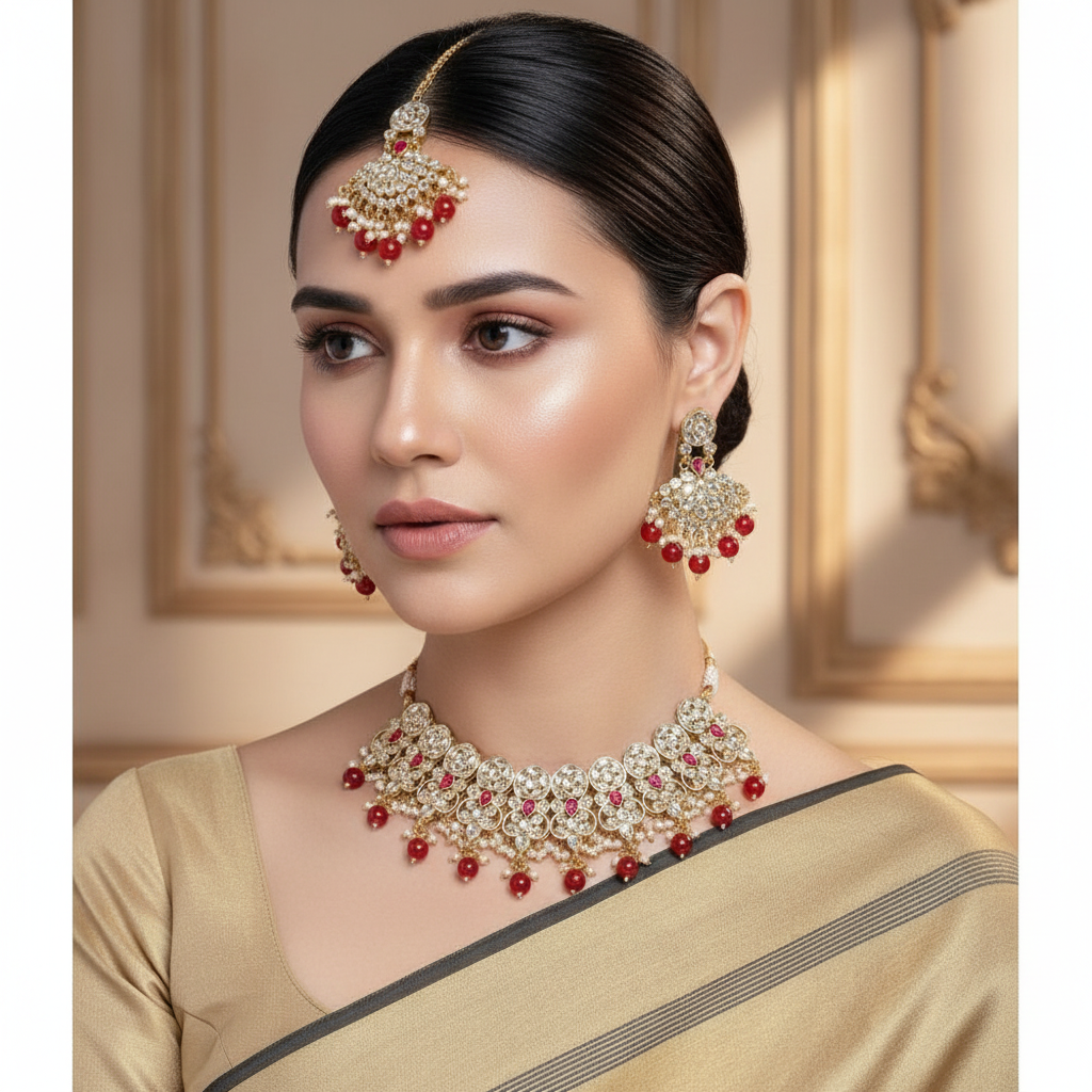 Women's Rose Gold Plated Alloy Necklace &amp; Earings Set (Red)