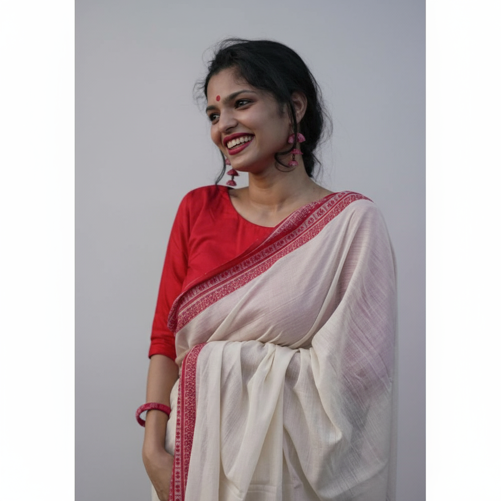 Generic Women's Soft Lilan Printed Saree With Unstitched Blouse 5.5Mtr (White)