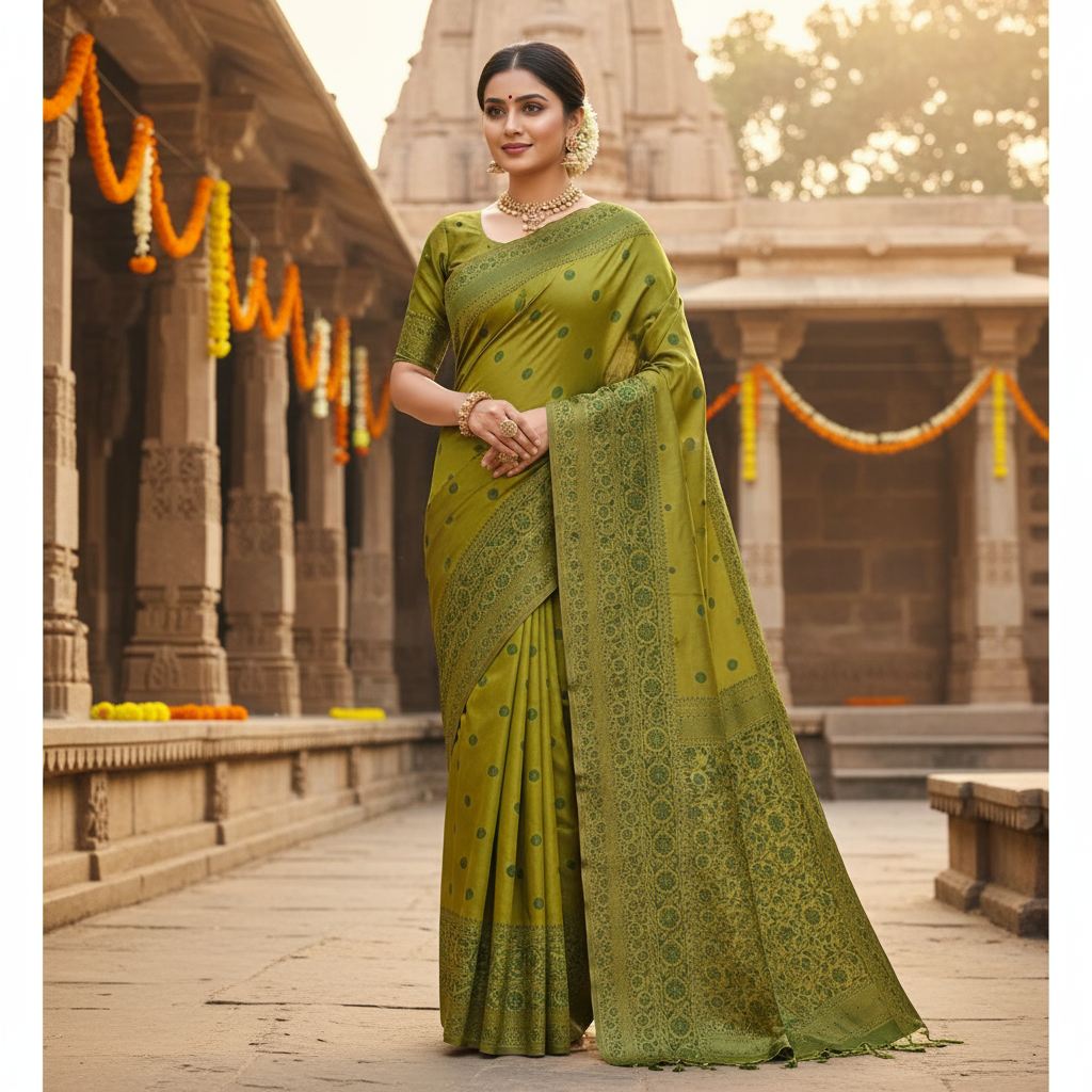 Generic Women's Soft Lichi Silk Printed Saree With Unstitched Blouse 5.5Mtr (Green)