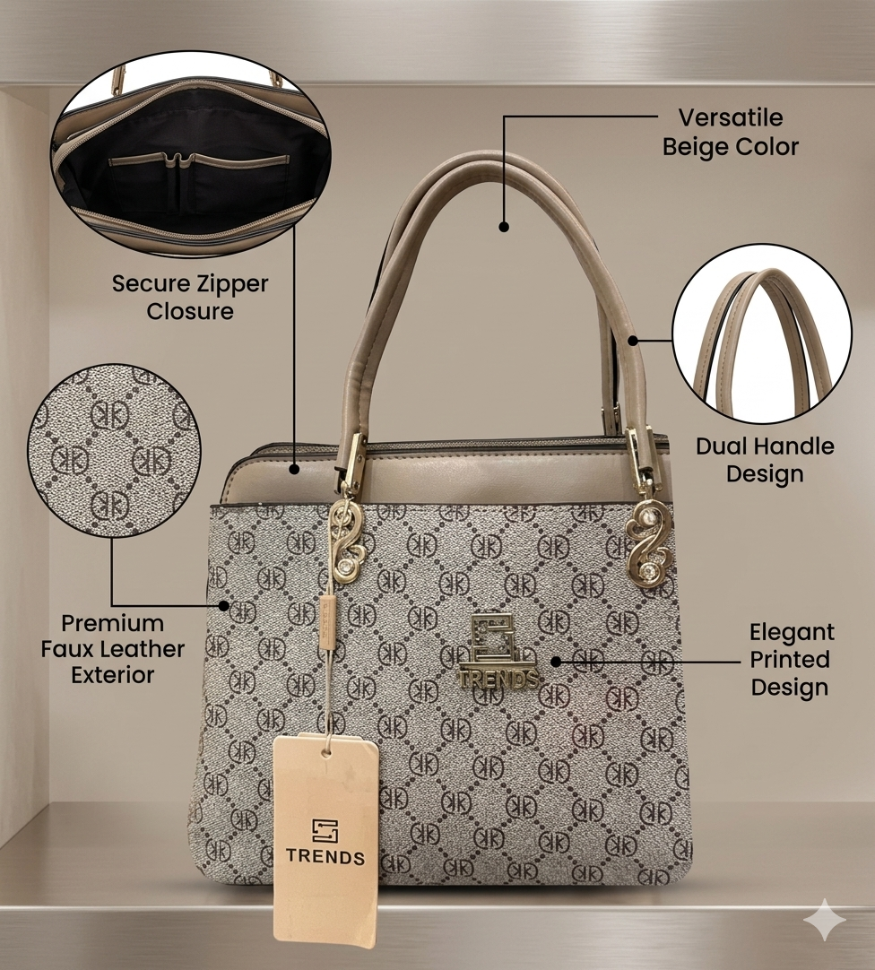 Faux Leather Printed Handbag (Beige)