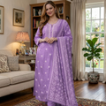 Chanderi Silk Ethnic Motif Round 3/4th Sleeve Kurti With Pant Dupatta Set (Lavender)